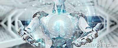 White male humanoid using digital global network 3D rendering Stock Photo