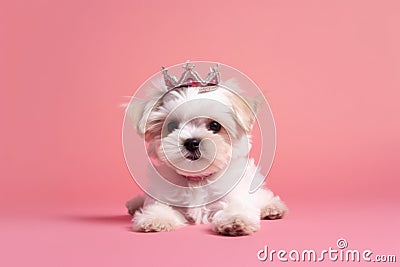 White maltese dog wearing silver crown with rubies on her head, laying in center of pink solid background. Royal queen dog Stock Photo
