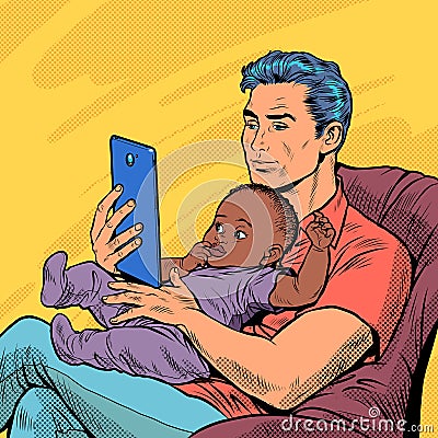 white man with black baby, a father and a child. multiethnic family. Homework, love and care Vector Illustration