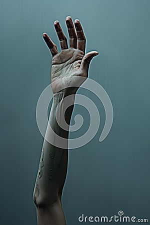 a white man hand and arm reaching up for help. dark teal background wall texture. reaching out to help. Helping hand. Stock Photo