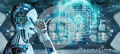 White man robot securing digital datas 3D rendering Stock Photo