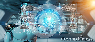 White man robot using robotics arms with digital screen 3D rendering Stock Photo