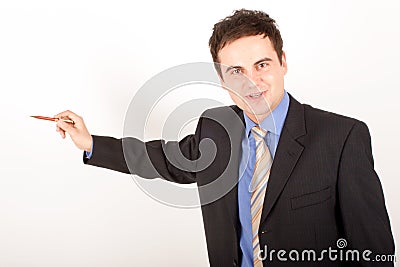 White man in suit, and blue shirt pointing at blank space Stock Photo