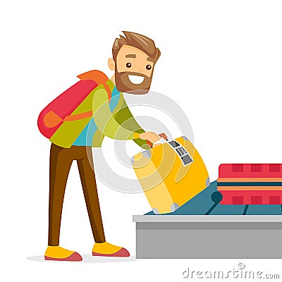 A man taking his case in baggage claim of the airport. Vector Illustration