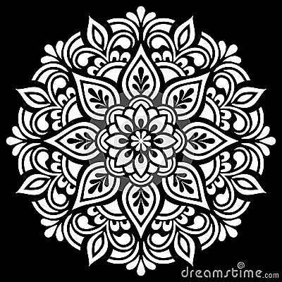 White mandala pattern on black stencil doodles sketch Stock Photo