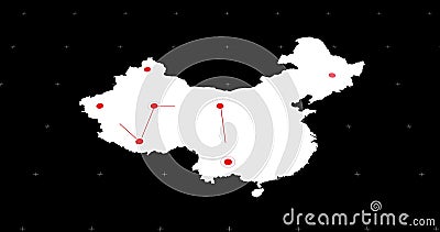 White map with fast moving red network of connected points on black background Stock Photo
