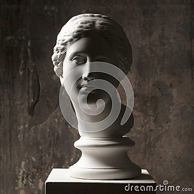 White marble head of young woman. Statue art sculpture of stone face. Ancient beautiful woman monument Stock Photo