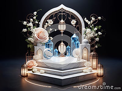 white marble podium with blue crystal, peach rose and islamic lantern, ai generated Stock Photo