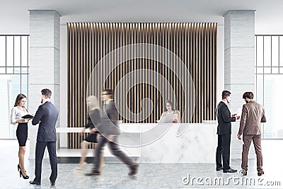 White marble reception, wood blinds, people Stock Photo