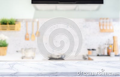 White marble texture table top on blurred kitchen background Stock Photo