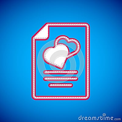 White Marriage contract icon isolated on blue background. Wedding certificate. Vector Vector Illustration