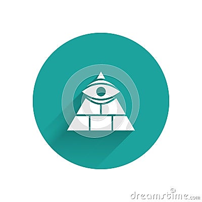 White Masons symbol All-seeing eye of God icon isolated with long shadow. The eye of Providence in the triangle. Green Vector Illustration