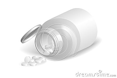 White matte plastic bottle with spilling pills on to surface. V Vector Illustration