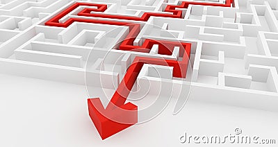 White maze and red solution line, complex way to find exit. Stock Photo