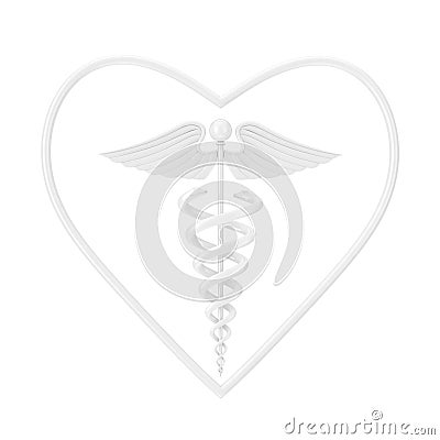 White Medical Caduceus Symbol in Shape of Heart as Clay Style. 3d Rendering Stock Photo