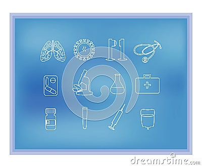 White medical linear icons on the blue background. Pulmanologii. Respiratory system. Lungs. Fluorography. Rentgen Vector Illustration