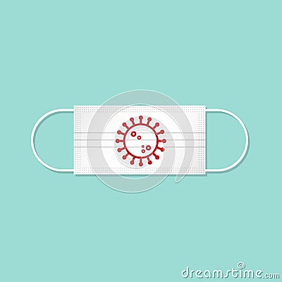 White medical protective mask with coronavirus icon. Concept of flu outbreak, public health risk, MERS- CoV, SARS-CoV, Wuhan virus Vector Illustration