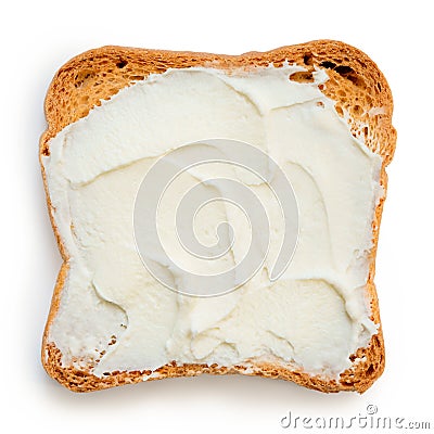 Melba toast with cream cheese isolated on white from above. Stock Photo