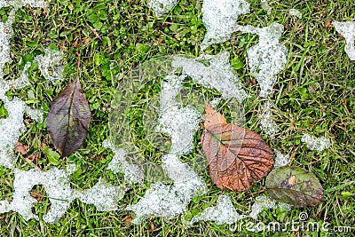 Abstract phot from the fallen first snow on the ground. Stock Photo