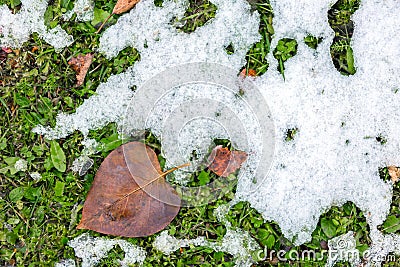 Abstract phot from the fallen first snow on the ground. Stock Photo