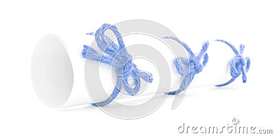 White message scroll tied with string, three blue knots isolated Stock Photo