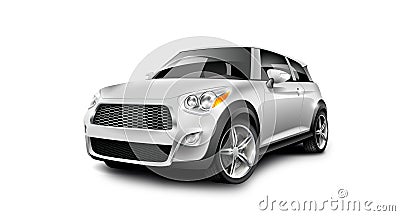 White Metallic Generic Compact Small Car On White Background With Isolated Path Stock Photo