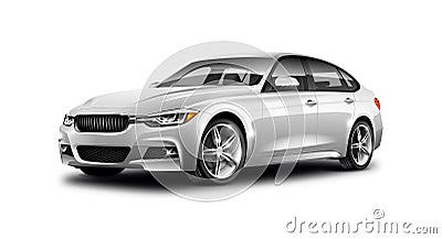 White Metallic Generic Sedan Car On White Background With Isolated Path. Stock Photo