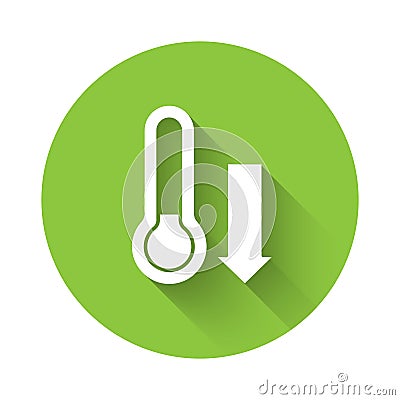 White Meteorology thermometer measuring icon isolated with long shadow. Thermometer equipment showing hot or cold Vector Illustration