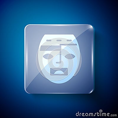 White Mexican mayan or aztec mask icon isolated on blue background. Square glass panels. Vector Vector Illustration