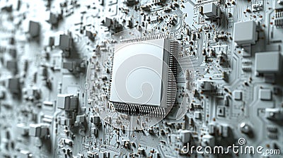 White microprocessor on a detailed circuit board representing modern technology. AI Generated. Stock Photo