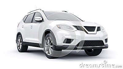 White Mid-size family urban SUV car on white background. 3D illustration. Cartoon Illustration