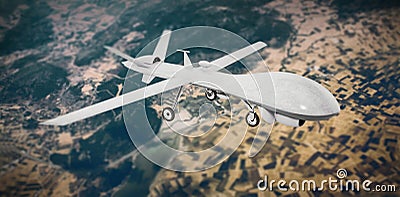 White military unmanned drone in the sky. 3D illustration Cartoon Illustration