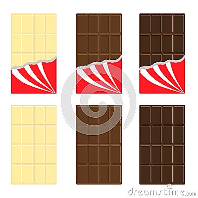 White, milk, dark chocolate bar icon set. Opened red wrapping paper foil . Tasty sweet dessert food. Rectangle shape Vertical Vector Illustration