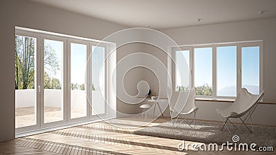 White minimal living room with armchair carpet, parquet floor and panoramic window, scandinavian architecture, modern interior Stock Photo