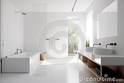 a white, minimalist bathroom with simple accessories and sleek fixtures Stock Photo