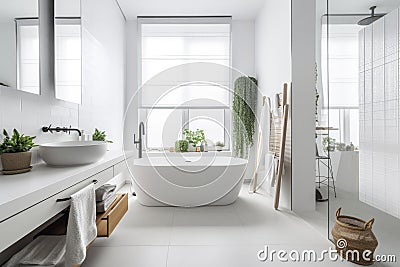 a white, minimalist bathroom with simple accessories and sleek fixtures Stock Photo