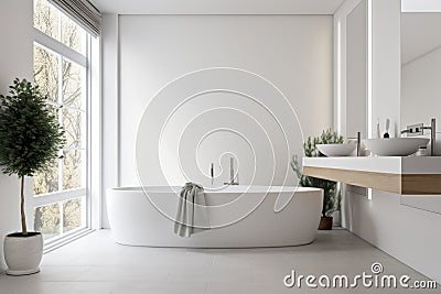 a white, minimalist bathroom with simple accessories and sleek fixtures Stock Photo