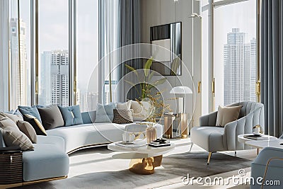 White minimalistic stylish penthouse apartment living room, couch, armchair with coffee table in a spacious space with Stock Photo