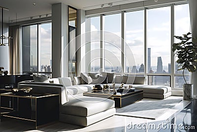 White minimalistic stylish penthouse apartment living room, couch with coffee table in a spacious space with big windows Stock Photo