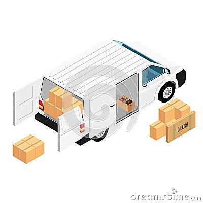 White minivan cargo delivery van deliver cardboard boxes Stock Photo