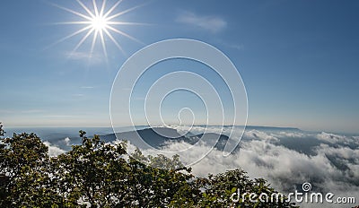 The white mist covered the mountain, the white light from the sun. At Pha Mor E Daeng, Sisaket Province, Thailand Stock Photo