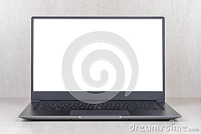 White mock up on a laptop screen on a gray background close up front view. Stock Photo