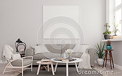 White mock up poster frame on wall with gray sofa in modern interior background, living room, Scandinavian style Cartoon Illustration