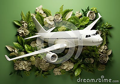 A white model airplane taking off from green leaves, international flights Stock Photo