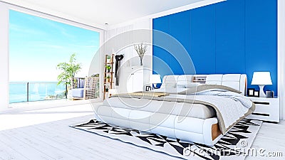 White modern contemporary bedroom interior in blue and white theme color with sea view terrace, 3D Rendering Stock Photo