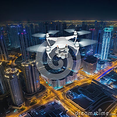 White modern digital vehicle drone flying under city. Military technology, night air raids. Buildings, civilian town Stock Photo