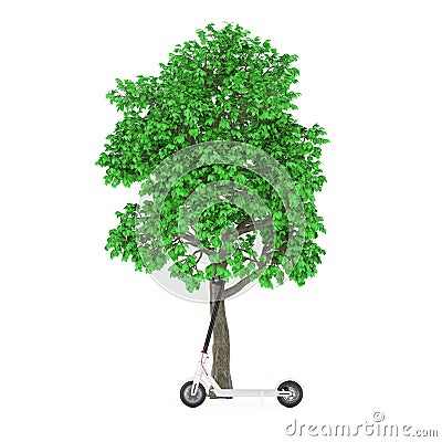 White Modern Eco Electric Kick Scooter near Green Treen. 3d Rendering Stock Photo