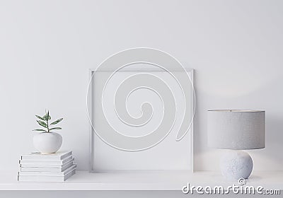 White modern frame mock up in modern interior, close up for white lamp, books and green plant on shelf, Stock Photo