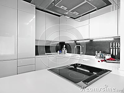 White modern kitchen with steel appliances Stock Photo