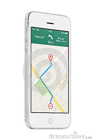 White modern mobile smart phone with map gps navigation app on t Stock Photo